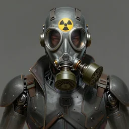 low angle shot of a cyberpunk gazmask robot character wearing a gazmask, chernobyl, radioactiv sign, intricate, elegant, highly detailed, centered, digital painting, artstation, concept art, smooth, sharp focus, illustration, artgerm, Tomasz Alen Kopera, Peter Mohrbacher, donato giancola, Joseph Christian Leyendecker, WLOP, Boris Vallejo