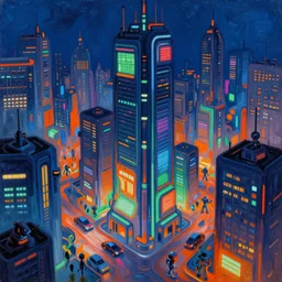 futuristic sci-fi city at night with bright neon lights contrasting heavily with dark ominous buildings in three point perpective, primarily blue in color with orange and green accents, in the style of esao andrews, oil painting, pop surrealism, cartoon-tainted abstract surrealism, vibrant, contrast, 4k, volumetric, HDR, crisp, detailed, beautiful, dynamic, colorful, spacious, reflective windows, futuristic cars, people, robots, sharp detailed reflections