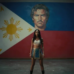 a cinema movie scene from a movie of pia wurtzbach as darna standing in front of a gigantic mural of the philippine flag by michael bay, detailed, low key lighting, cinematic lighting, studio quality,