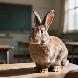 a photorealistic digital art of a rabbit on a classroom, day time, poor lighting