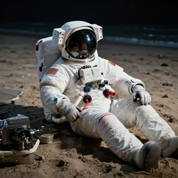 an astronaut relaxing on the beach, dramatic lighting, cinematic, extremly high detail, photorealistic, cinematic lighting, nasa footage