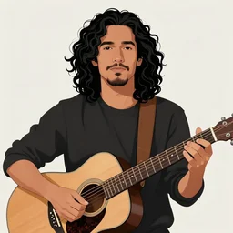 illustration of a handsome!! man with long black curly hair + tan skin + anchor goatee, acoustic guitar | wearing a cowboy hat with a skull emblem | art by hirohiko araki & jean giraud & artgerm & jack kirby | artstation, character design, concept art, full body, digital painting | intricate, high detail, smooth, sharp focus