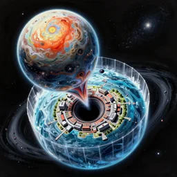 a giant sphere of water orbiting a star falling into a black hole there is a city inside a forcefield inside the globe of water that is being spaghettified, amazing detail, vivid colors, highly detailed