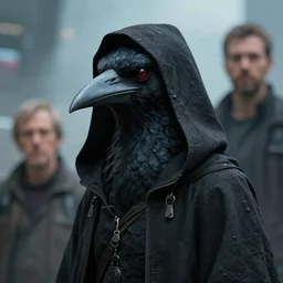 kon - dam kenku, artistically anthropomorphic black bird head. cloaked hood down, science fiction, portrait by donato giancola and greg rutkowski and wayne barlow. top all time r / imaginarycyberpunk.