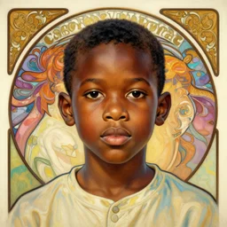 colourful upper half - caricature - portrait of an african boy, art by hsiao - ron cheng & alphonse mucha, caricature, highly detailed, digital painting, ray tracing, concept art, illustration, smooth sharp focus, intricate, symmetry, artstation,
