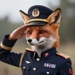 hyperrealistic close up image of anthropomorphic female fox animal dressed in modern american general uniform, fox animal, general hat, saluting