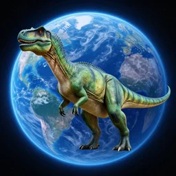 photorealistic green dinosaur on a blue exotic planet
