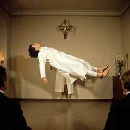 a 1960 photo of exorcism,room ,levitating person