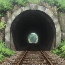 anime movie scene, outside a dark train tunnel entrance