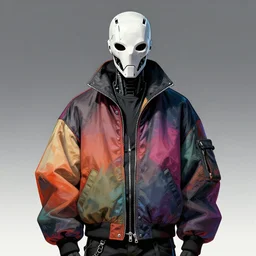 illustration of model in cyborg mask wearing baggy colorful 9 0 s rick owens jacket by frank frazetta. sci fi book cover.