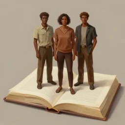 a painting of three brown men and a brown woman standing on top of a giant open book, detailed digital art, aesthetic!, trending on artstation