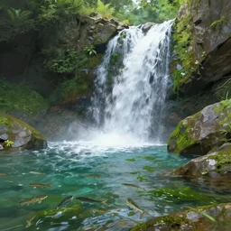 flowing waterfall + lush rockscape + gushing clear water full of fish and algae, highly detailed, digital painting, artstation, concept art, smooth, sharp focus, illustration, art by wlop, mars ravelo and greg rutkowski