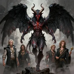 dynamic fullbody portrait of a powerful demon, long horns, fiery red eyes, claws, black angelic wings, by greg rutkowski and gaston bussiere and craig mullins and j. c. leyendecker
