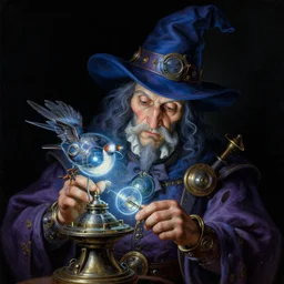a baroque close - up portrait painting of a dark blue and purple whimsical steampunk wizard fixing a glowing sci - fi time machine bird. black background. highly detailed science fiction painting by norman rockwell, moebius, frank frazetta, and syd mead. high contrast. renaissance masterpiece. artstation