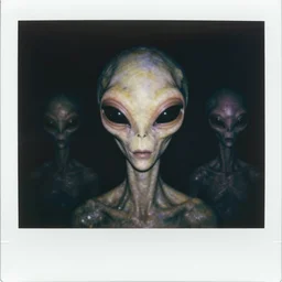 Polaroid of a alien face close up to encounter with the lost ones if they were in a dark zone