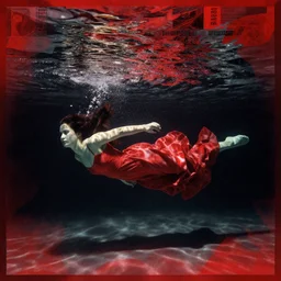 girl in a long dress swimming underwater, caustics, surreal Dada collage by Man Ray Kurt Schwitters Hannah Höch Alphonse Mucha, red and black