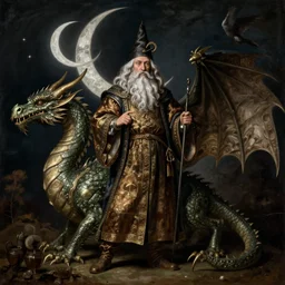 baroque painting of a medieval dragon dressed as a wizard, the dragon has a long white beard, crescent moon in the background, detailed fullbody portrait, 8K HD image