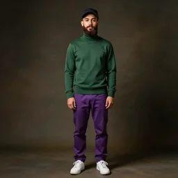 a young man with a chin - style dark brown beard without mustache in a dark black cap, green turtleneck, purple pants and super white sneakers in full height, perfect smooth face