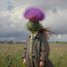 portrait, an enormous thistle flower as head, a girl wearing coat in field, surreal photography, wind, cloudy sky, dramatic light, impressionist painting, digital painting, artstation, simon stalenhag