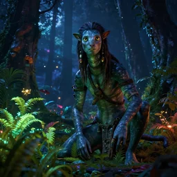 in the forest of planet Pandora at night with luminous vegetation. full of colour, cinematic lighting, battered, trending on artstation, 4k, hyperrealistic, focused, extreme details,unreal engine 5, cinematic, masterpiece, art by Peter Mohrbacher