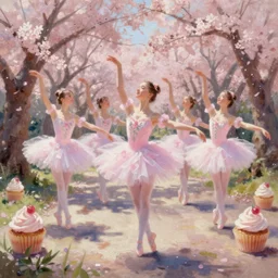 cupcake ballerinas dancing in a sakura park, highly detailed, oil paingin, full shot, ambient lighting, illustration, digital art,