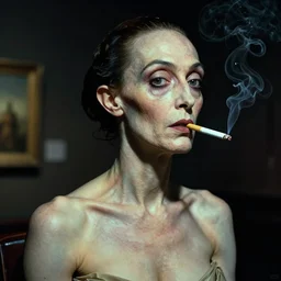 portrait of unseen lovecraftian golden ratio horror bridgette b with a hyper realistic cigarette, tight fit. defined neck and face, art by salvador dali and best artist in the year 3 0 0 0, post - processing, 8 k, museum worth