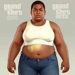 grand theft auto concept art of a masculine stocky buff fat black woman!!! wearing t - shirt, cargo pants, tattoos, clothed!!!! buzzcut, snarl, badass, trending on art station