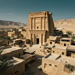 a cyberpunk village with nabatean architecture