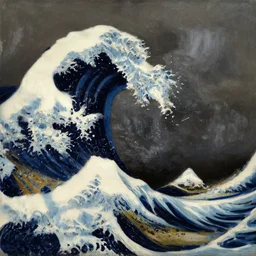 a painting of the great wave in the style of rembrandt, brush strokes, dark