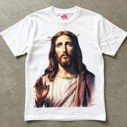 a photo of a supreme t - shirt with an image of jesus on it, 4 k, highly detailed