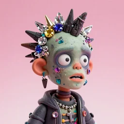 portrait headshot of a zombie punk encrusted with gems flowers and crystals, face tattoos, photorealistic, dynamic lighting, action figure, clay sculpture, claymation, 4 k, gradient pink background, trending on artstation