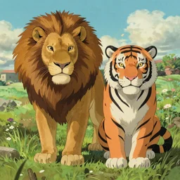 a lion and a tiger painted by studio ghibli