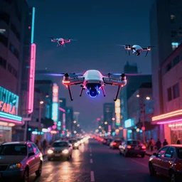 3 d vfx art of flying drones above - a neon lit - lagos urban street - in nigeria, cinestill 8 0 0 t photograph, illustration in the style by philippe bouchet, unreal engine render