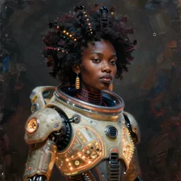 beautiful afrofuturistic himba woman, otjize, glowing spacesuit, himba hairstyle, led details, robotic arms, hyperrealistic, scifi, concept art, impasto oil painting, dark, muted colors
