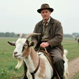 eric zemmour as a goat keeper circa 1 9 6 0, riding goat, cine still, movie still, 8 k