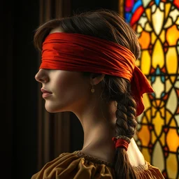 beautiful detailed side - view portrait of philippa eilhart, a blindfolded woman, covered eyes, red and orange blindfold, pigtails, stained glass window, masterful, backlit