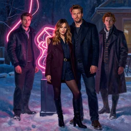 winter, wearing boots colin farrell with jessica alba girl, neon light, painting by gaston bussiere, craig mullins, j. c. leyendecker