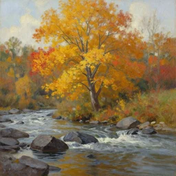 A beautiful oil painting of a single tree, the tree is in the rule of thirds, the fall has arrived and the leafs started to become golden and red, the river is flowing its way, the river has lots of dark grey rocks, oil painting by Greg Rutkowski