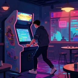 a man turning in to an arcade machine in a cyberpunk cafe, glitchart, artstation