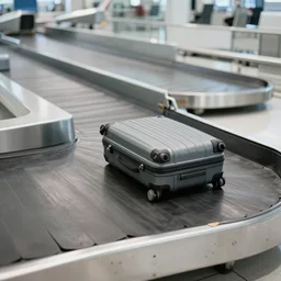 a suitcase on an airport industrial conveyor belt, moving on its way to a plane, industrial conveyor belt in an airport, no people