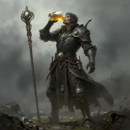 magician with staff in left hand drinks beer, beer, glass, beer mug in hand, intricate, triumphantly, foggy background, full body art, dark souls, drawing, concept art, artstation, digital painting
