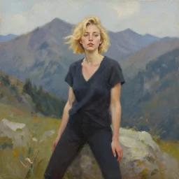 a woman with short blonde hair poses on a mountain, oil painting,