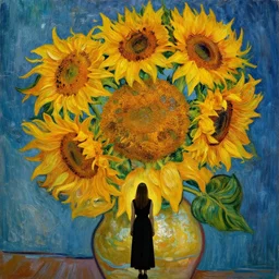 closeup, giant sunflower head, woman standing in a room, surreal, dramatic light, impressionist painting, digital painting, artstation, van gogh