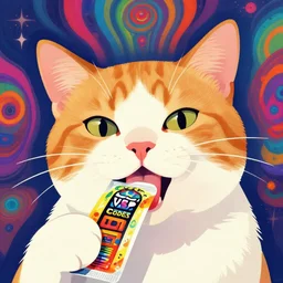a colorful vibrant closeup portrait of a simple cat licking a tab of LSD acid on his tongue and dreaming psychedelic hallucinations, by kawase hasui, moebius, Edward Hopper and James Gilleard, Zdzislaw Beksinski, Steven Outram colorful flat surreal design, hd, 8k, artstation