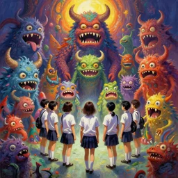 psychedelic monsters attacking highschool students, by shigenori soejima, by frank frazetta, by thomas kinkade, by ilya kuvshinov, digital painting masterpiece, beautiful brush strokes, advanced lighting technology, symmetry!!!