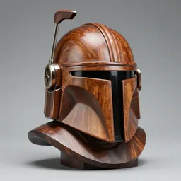 a highly polished walnut wooden sculpture of a mandolorian helmet bust