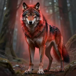 full figure portrait of a beautiful young fit male werewolf, wolf head, partially male hairy torso, fur covered legs, luminose background, by greg rutkowski and alphonse mucha, d & d character, gradient red to black, in front of a forest background, highly detailed portrait, digital painting, artstation, concept art, smooth, sharp focus ilustration, artstation hq