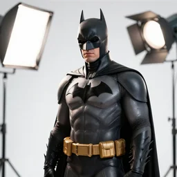 bright studio setting, crisp quality and light reflections, unreal engine 5 quality render, photorealistic portrait, highly detailed, still photo of batman, studio lighting