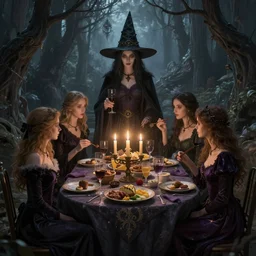 the witch's banquet, masterpiece, dark fantasy, beautiful composition, by greg rutkowski, artstation, 4 k