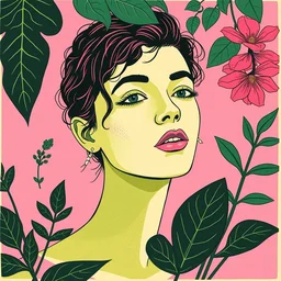 risograph print original a 5 riso illustration artprint, portrait of myself with plants, green pink